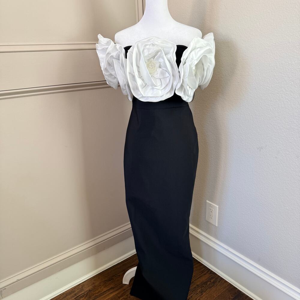 Black White 3D Rose Off Shoulder Bandage Gown Formal Maxi Dress M